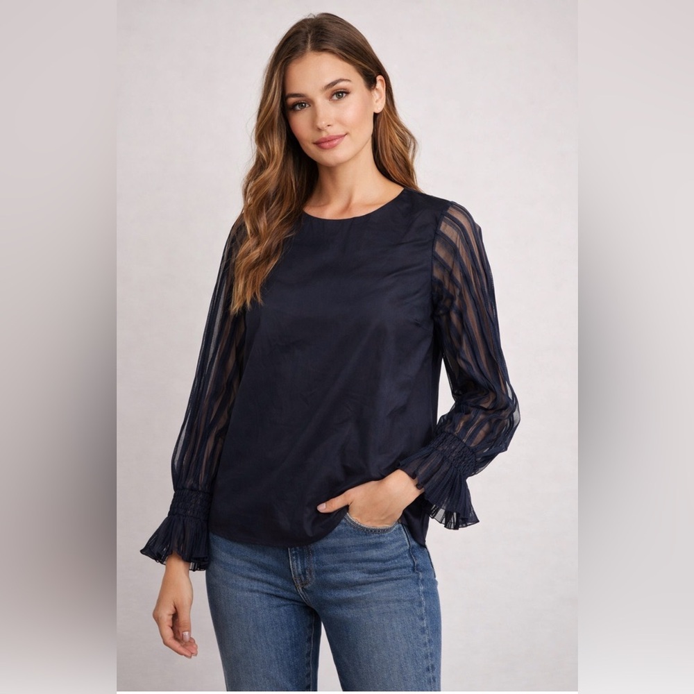 Worthington Career Wear Black Mixed Media Texture Long Sleeve Blouse